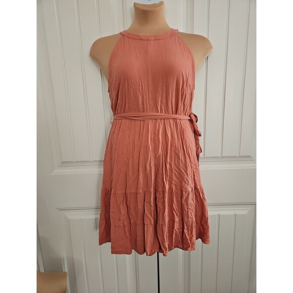 Torrid Blush Pink Goddess Natural Woven Tiered Mini Dress Sz 1 US 14 Pockets - Picture 1 of 9
